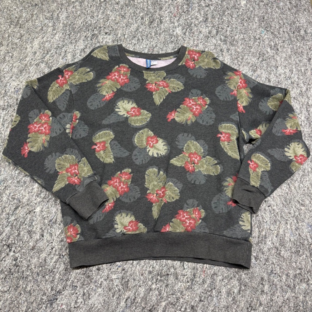 H&M Divided Mens XL Tropical Floral Hibiscus Sweatshirt Charcoal Grey Crewneck